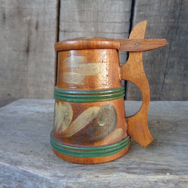 4" Small hand painted wooden tankard with kurbits pattern, Swedish vintage souvenir mug MORA