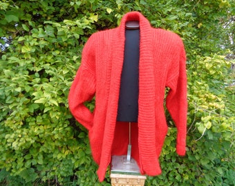 Vintage Strickmode made in UK, Rote Strickjacke Gr. L- XXL; Oversize Unisex Strickjacke; Roter Mohair Strickjacke; Extra Große Strickjacke; Vintage Strickwaren