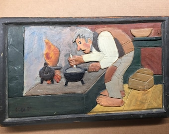Tableau antique en bois sculpté à la main avec scène rurale, Art primitif