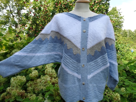 80s Vintage Knitwear Light Blue Sweater; Bat Slee… - image 1