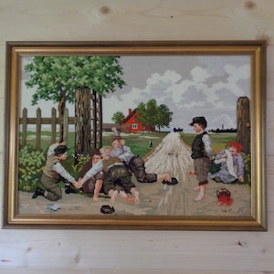 Ready to hang Swedish vintage hand embroidered & framed picture in cross stitch H16.5"x W23"