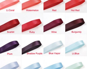 May include: A collection of 16 satin ribbon samples in various colors, including Lt. Coral, Watermelon, Red, Hot Red, Scarlet, Ruby, Wine, Burgundy, Plum, Shadow Purple, Blue Vapor, Lt. Blue, Bluebell, Blue Topaz, Blue Mist, and Crystalline.