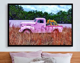 Gift for Women/Pink Vintage Rustic Pickup Truck/Western Photo/Rural Texas/Hill Country/Oversized Wall Decor/Fine Art/Flowers/Valentines Day