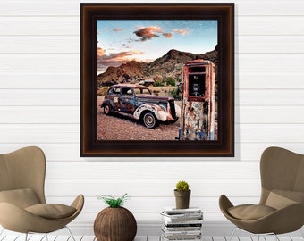 Vintage Car Fine Art Photo Americana Rustic Desert Western Ghost Town Photography Square Extra Large Wall Home Decor Nevada Abandoned Auto