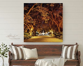 Savannah Georgia/Fine Art Photography/Forsyth Park Print/Extra Large Wall Decor/Metal Canvas Paper/Fountain/Night/Spanish Moss/Square Photo