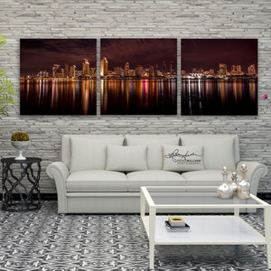 San Diego Skyline/Coronado Island/Southern California/Cityscape/Water Reflection/Triptych/Sm to Oversized Wall Decor/Metal, Canvas, Paper