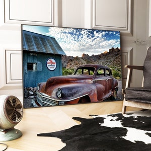 Abandoned 1940s Chrysler Sedan/Vintage Chevron Sign/Antique Tin Barn/Nevada Desert Print/Sm-Ex Large/Fine Art Photography/Metal Canvas Paper image 1