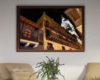 Cartagena Colombia/City Cathedral/Balconies/Latin Colonial Architecture/Fine Art/Night Shot/Sm to Oversized Wall Decor/Canvas, Metal, Paper