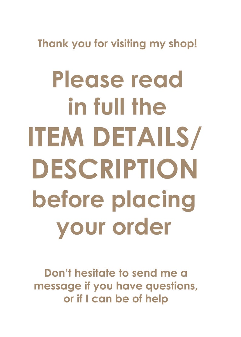 Op de afbeelding: Tekst op een witte achtergrond die luidt: "Bedankt voor uw bezoek aan mijn winkel! Lees de ARTIKELBESCHRIJVING/DETAILLIERDE INFORMATIE volledig door voordat u uw bestelling plaatst. Aarzel niet om contact met mij op te nemen als u vragen heeft of als ik u kan helpen."