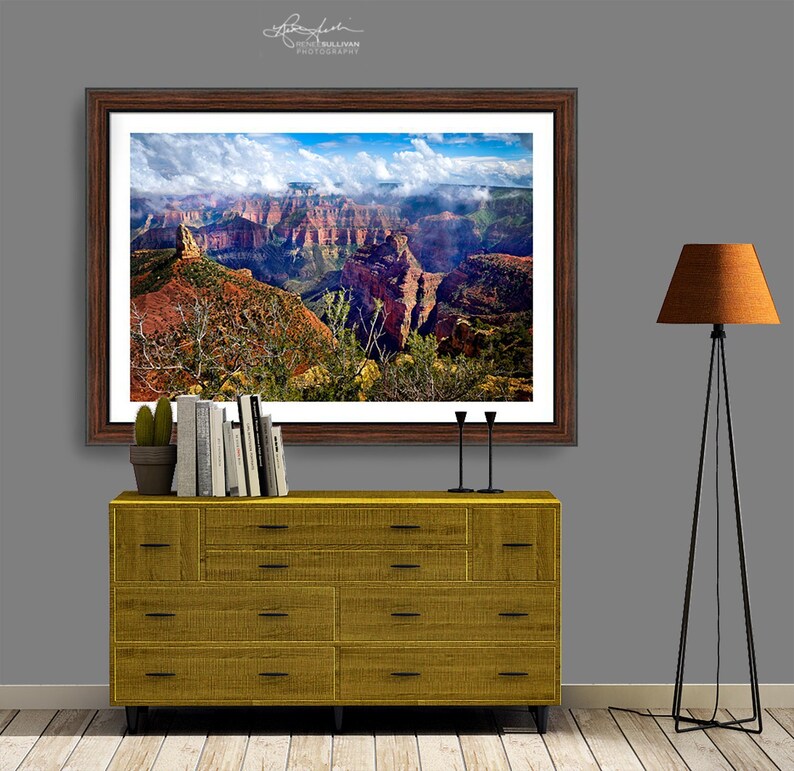 May include: A framed photograph of a scenic view of the Grand Canyon with a cloudy sky and red rock formations. The photograph is displayed on a wooden dresser with a lamp and a cactus plant.