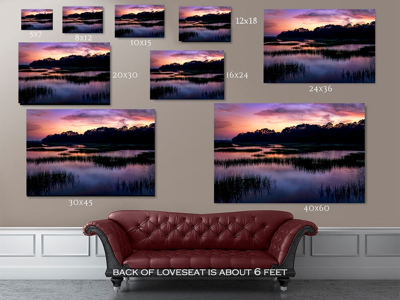 May include: A canvas print of a sunset over a marsh with a reflection of the sky in the water. The print is available in various sizes, including 5x7 inches, 8x12 inches, 10x15 inches, 12x18 inches, 16x24 inches, 20x30 inches, 24x36 inches, 30x45 inches, and 40x60 inches.