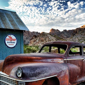 Abandoned 1940s Chrysler Sedan/Vintage Chevron Sign/Antique Tin Barn/Nevada Desert Print/Sm-Ex Large/Fine Art Photography/Metal Canvas Paper image 2