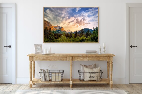 Fine Art Photography Glacier National Park: Warm Sunset Glow - Archival Grade, Metallic or Luster Paper, Rustic Cabin Decor