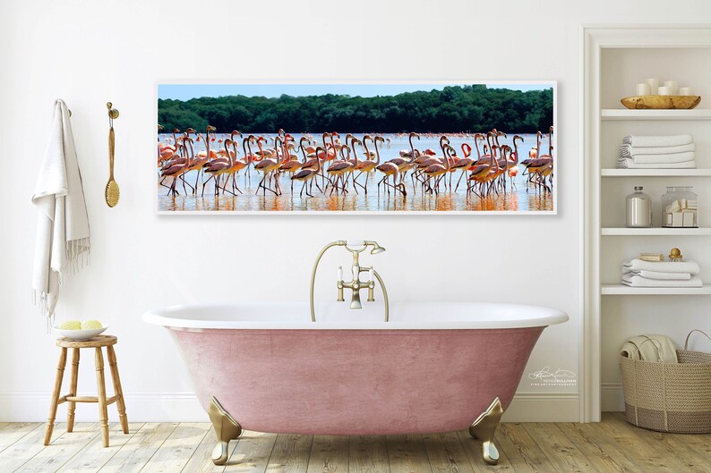 Puede incluir: Una fotograf&iacute;a panor&aacute;mica de una bandada de flamencos rosas de pie en aguas poco profundas. Los flamencos est&aacute;n en fila, mirando hacia la c&aacute;mara. El agua es de color azul claro y el fondo es un bosque verde exuberante. La fotograf&iacute;a est&aacute; enmarcada en un marco blanco y est&aacute; colgada en una pared blanca sobre una ba&ntilde;era rosa.