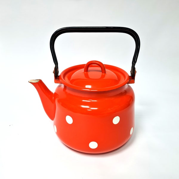 Enameled Kettle Tea Pot Water Soviet Enamelware Red White Polka Dot Vintage Kitchen Jug 1970