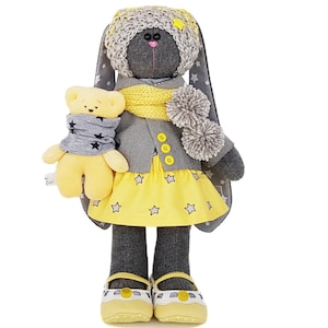 Bambola di peluche coniglio da 14 pollici per bambina, peluche coniglio pasquale grigio, abbigliamento coniglio, bambola di peluche coniglio, regalo di peluche lepre per Pasqua