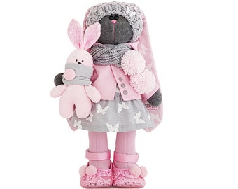 Stuffed rabbit doll 14 inch for girl, Easter bunny plush pink, Rabbit clothing, Stuffed bunny doll, hare plush, stuffed toys