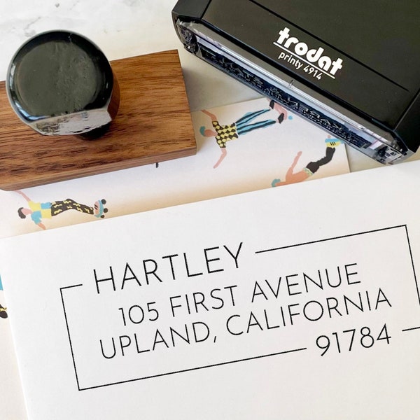 Clean-lined Return Address Stamp with Midcentury Modern Styling, A Fun and Unique Personalized Gift, Wood Block & Self Inking Options. #203
