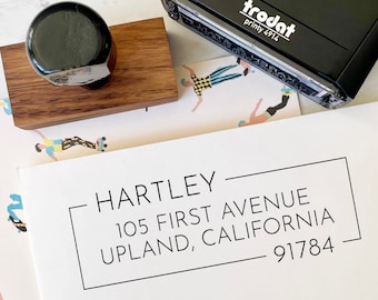 Clean-lined Return Address Stamp with Midcentury Modern Styling, A Fun and Unique Personalized Gift, Wood Block & Self Inking Options. #203