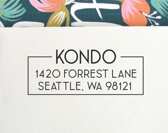 Custom Address Stamp with Minimalist Sans Serif Design - Self Inking Stamp or Wood Block Rubber Stamp - Good House Warming Gift, #204b