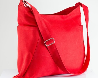 Red Canvas Crossbody Hobo Bag Large Pockets Adjustable Strap Zipper Washable Messenger Tote Purse Shopping Travel Vegan Gift for Women