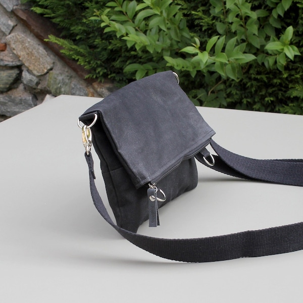 Black Waxed Foldover Tote Bag Crossbody Small Bag Messenger Fold Over Mom Daughter Girl Bag Top Zipper Closure Shoulder Bag Canvas Clutch
