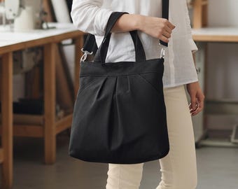Shoulder Bag Crossbody Canvas Purse with Pockets Double Straps Washable Cotton Tote Diaper Bag Zipper Closure Travel Bag Large Black Bag