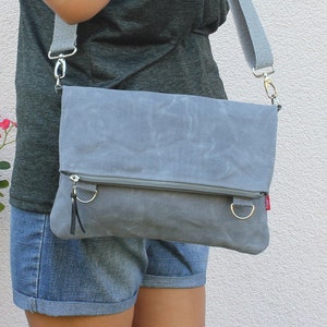 Sac fourre-tout ciré à rabat plié Petit sac plié Cabas en toile cirée Sac à main à glissière Sac à bandoulière en toile de coton à bandoulière Sac de tous les jours Mignon Gris clair