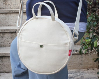 Bolso circular de algodón orgánico natural, bolso redondo, bolso mediano, mini bolsillo con cremallera, bolso bandolera %100 algodón crudo hecho a mano, regalo vegano para mujer