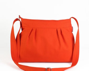 Small Canvas Crossbody Bag Orange Women Purse Pleated Long Adjustable Strap Zipper Closure Sling Hobo Bag Vegan Messenger Soft Eco Cotton