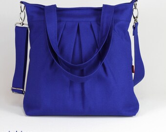 Shoulder Bag Large Canvas Crossbody Tote for Women Adjustable Strap Cotton Blue Hobo Casual Bag Weekender Bag Pleated Zip Purse Shopping Bag