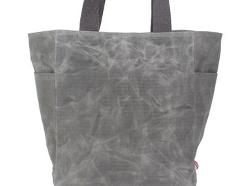 Waxed Canvas Grocery Bag Shopping Farmers Market Tote Hand Waxed Strong Bag Large Everyday Carry Eco-Friendly Cotton Webbing Strap Gray