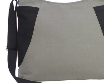 Canvas Crossbody Hobo Bag, Large Medium Size, Side Pockets Bag, Zipper Closure, Two-Tone Bag, Washable Cotton, Shopping Bag, Everyday Bag