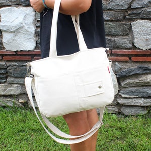 White Canvas Shoulder Tote Bag Mother Girlfriend Cotton Purse Multi Pockets Detachable Crossbody Strap Casual Messenger Raw Minimalist Cream