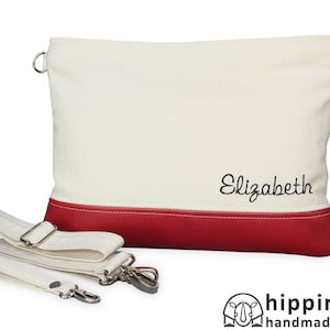 Personalized Monogram Embroidered Clutch Purse Bag Custom Bridesmaid Gift Wristlet Strap Raw Cotton Vegan Leather Bag Crossbody Cosmetic Bag