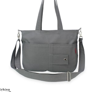 Canvas Shoulder Bag Crossbody Detachable Strap Cute Tote Bag for Women Medium Size Purse Zipper Closure Washable Cotton Messenger Bag Gray