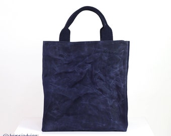 Waxed Canvas Grocery Bag Blue Tote Eco-Friendly Reusable Market Bag Strong Large Shopping Bag Short Handles Hand Wax Cotton Bag Foldable