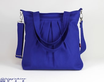 Grand sac à bandoulière en toile pour femme avec bandoulière réglable, coton, bleu, sac hobo, sac de week-end, plissé, fermeture éclair, sac à main