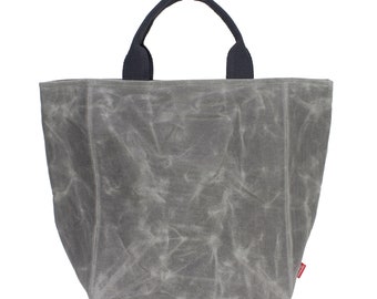 Borsa per la spesa cerata, borsa per la spesa in tela cerata a mano, manici in fettuccia di cotone, borsa da mercato ecologica, borsa riutilizzabile per la spesa, borsa resistente, grigia