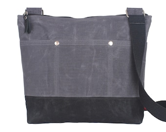 Gewaxte canvas draagtas voor mannen en vrouwen middelgrote crossbody eenvoudig minimalistische tas met zakken bovenkant met ritssluiting gevoerd 100% katoen donkergrijze zwarte tas