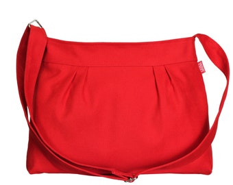 Red Small Canvas Crossbody Bag, Pleated Purse, Washable, Zip Closure, Hobo Bag, Casual Canvas Purse, Everyday Bag, Messenger Bag, Eco Vegan