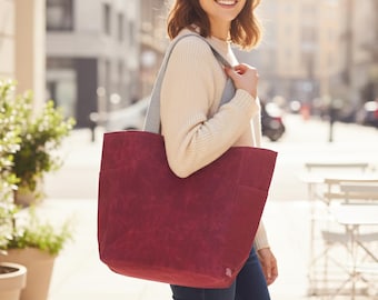 Waxed Canvas Grocery Bag Pocket Bag Eco-Friendly Reusable Market Bag Extra Strong Large Shopping Farmers Bag Long Handles Stylish Cute Tote