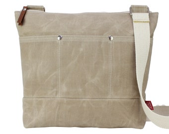 Waxed Canvas Tote Bag, Top Zipper Closure, Multi Pockets, Long Crossbody Cotton Webbing Strap, Medium Tote, Casual Bag, Minimal Simple