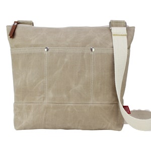 Gewachste Canvas-Einkaufstasche, Reißverschluss oben, Multi-Taschen-Tasche, lange Crossbody-Baumwollgurtband, mittelgroße Tasche, lässige Tasche, Minimal einfach