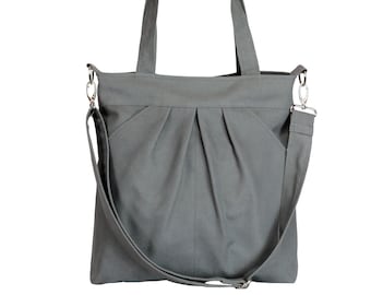 Canvas Shoulder Bag Long Detachable Crossbody Strap Gray Purse for Women Tote Bag Cotton Washable Pleated Large Bag with Pockets Fully Lined