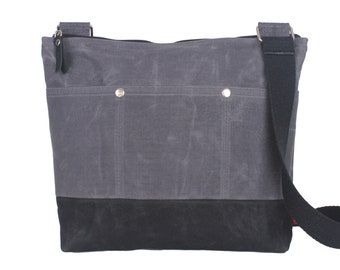 Waxed Canvas Tote for Men and Women Medium Crossbody Simply Minimalist Bag with Pockets Top Zippered Lined 100% Cotton Dark Gray Black Bag