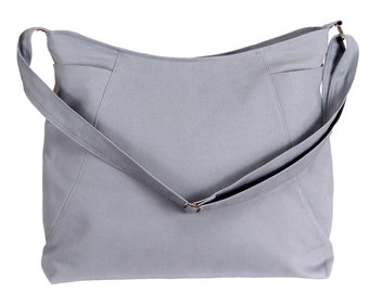 Gray Canvas Crossbody Hobo Bag Large Side Pockets Long Adjustable Strap Zipper Closure Cute Purse Messenger Bag Fully Lined Washable Handbag