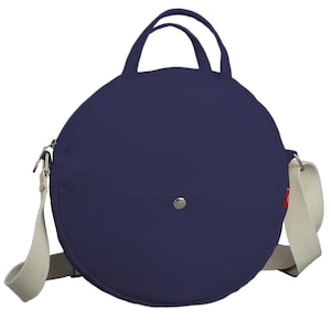 Round Navy Canvas Crossbody Bag Circular Shoulder Purse Small Zip Messenger Bag Minimalist Travel Handbag Everyday Casual Tote Bag for Women