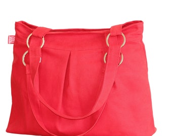 Red Canvas Shoulder Bag for Women Medium Size Zipper Closure Washable Hobo Bag Everyday Vintage Bag Cotton Shoulder Bag Daily Minimalist