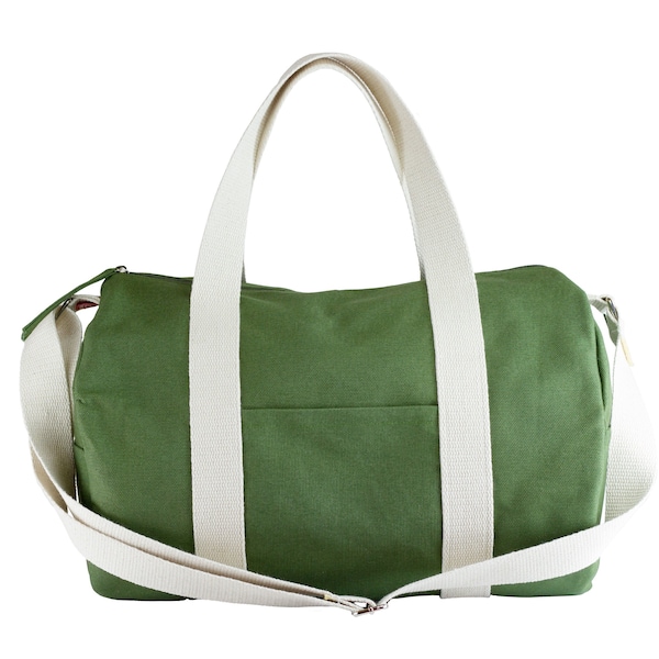 Green Duffle Sports Bag, Medium Size Detachable Webbing Cotton Strap Washable Zipper Closure Unisex, Gym Yoga Bag, Weekend Bag, Travel Bag